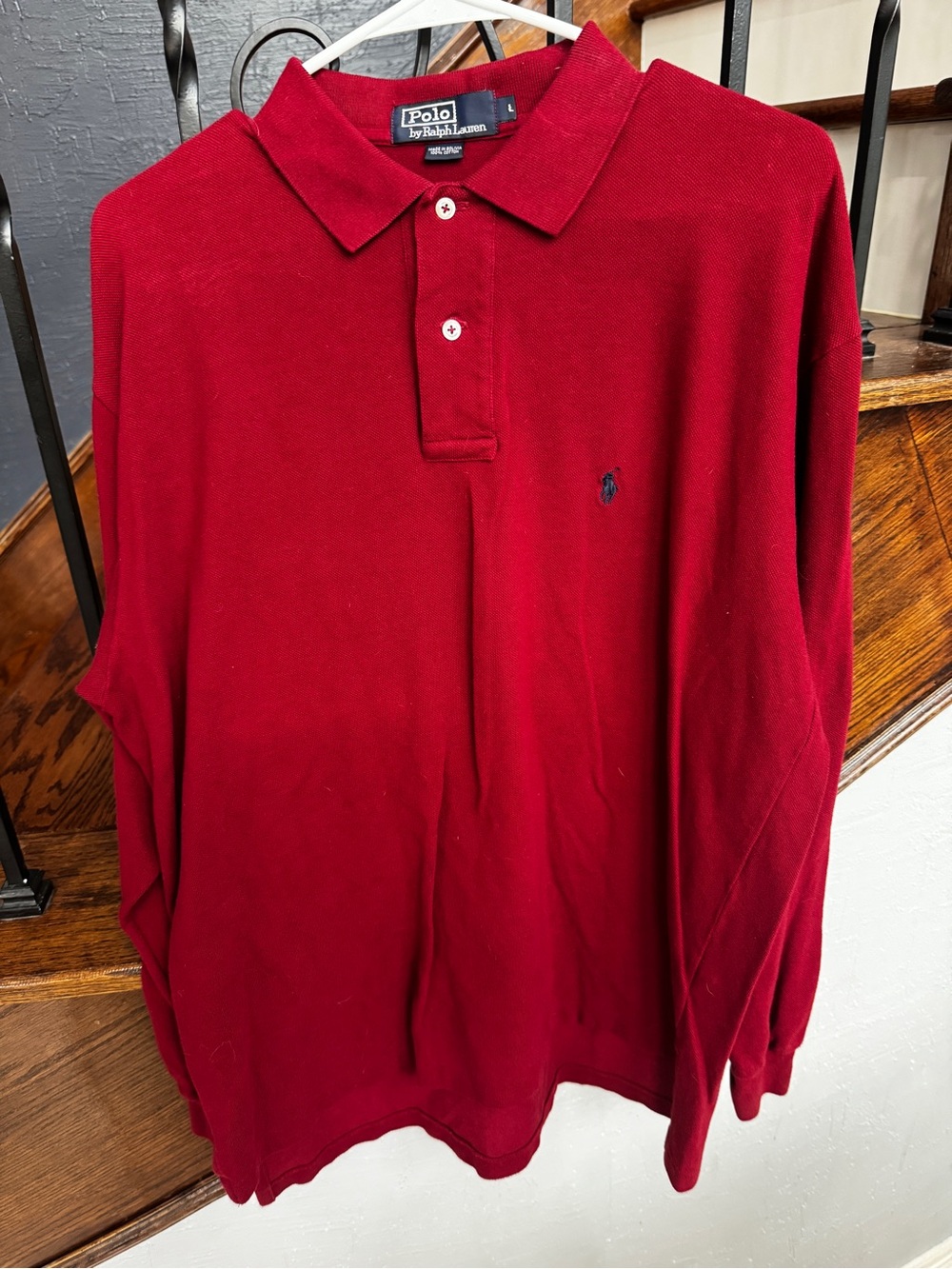 Large Polo by Ralph Lauren Men's Long Sleeve Polo Shirt - Deep Dark Red